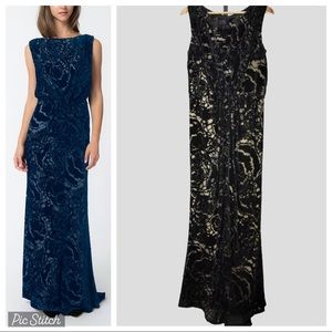 Tadashi Shoji Black Cut Velvet Blouson Back Gown Dress